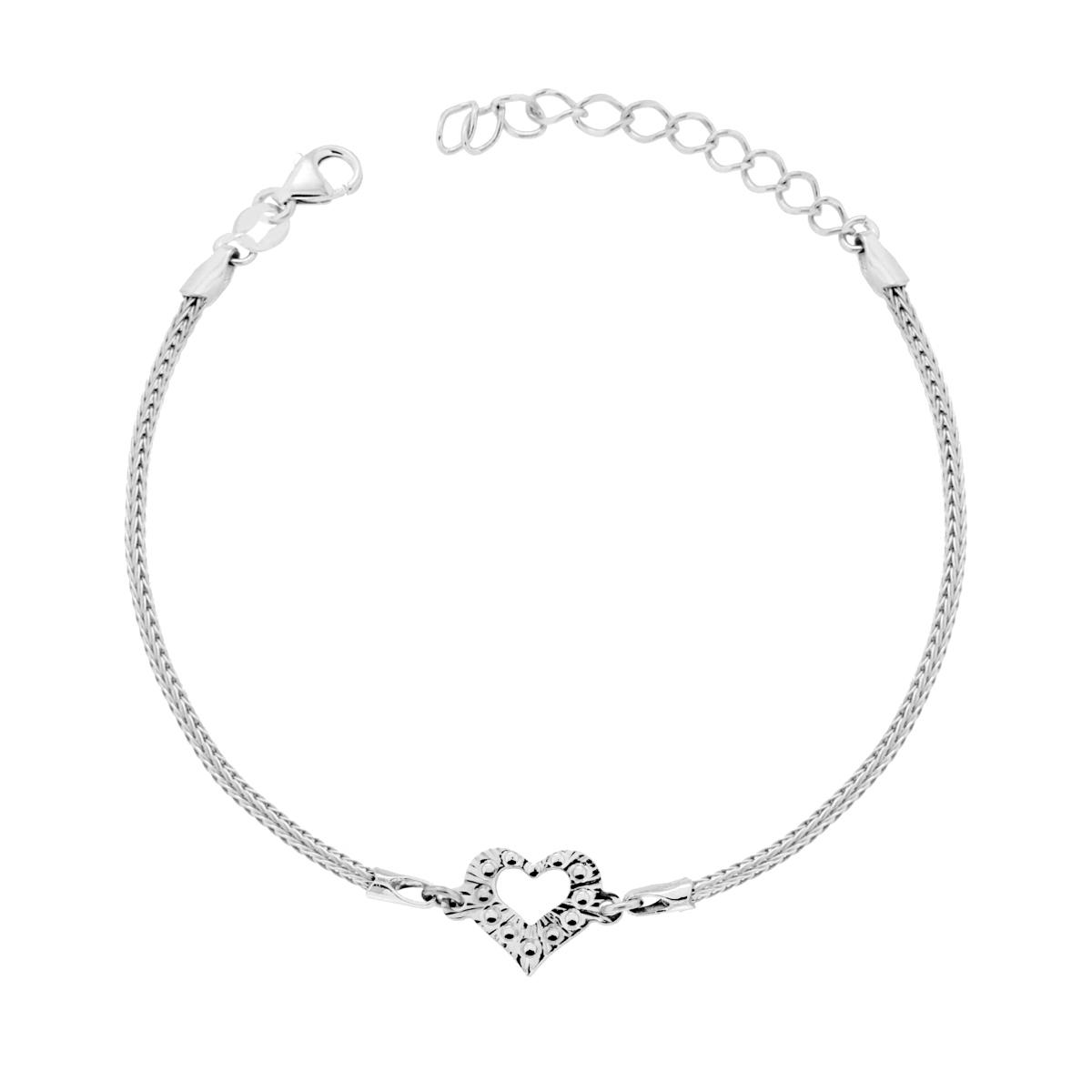 Bracciale Catena Calza con Cuore Diamantato in ARGENTO 925 Galvanica Rodio