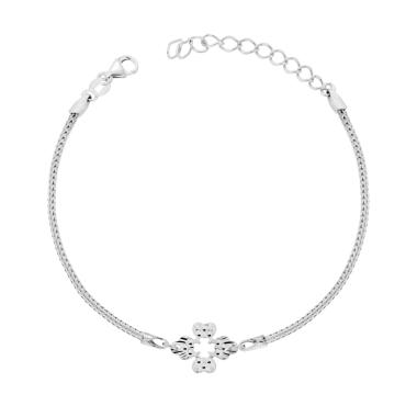 Bracciale Catena Calza con Quadrifoglio Diamantato in ARGENTO 925 Galvanica Rodio