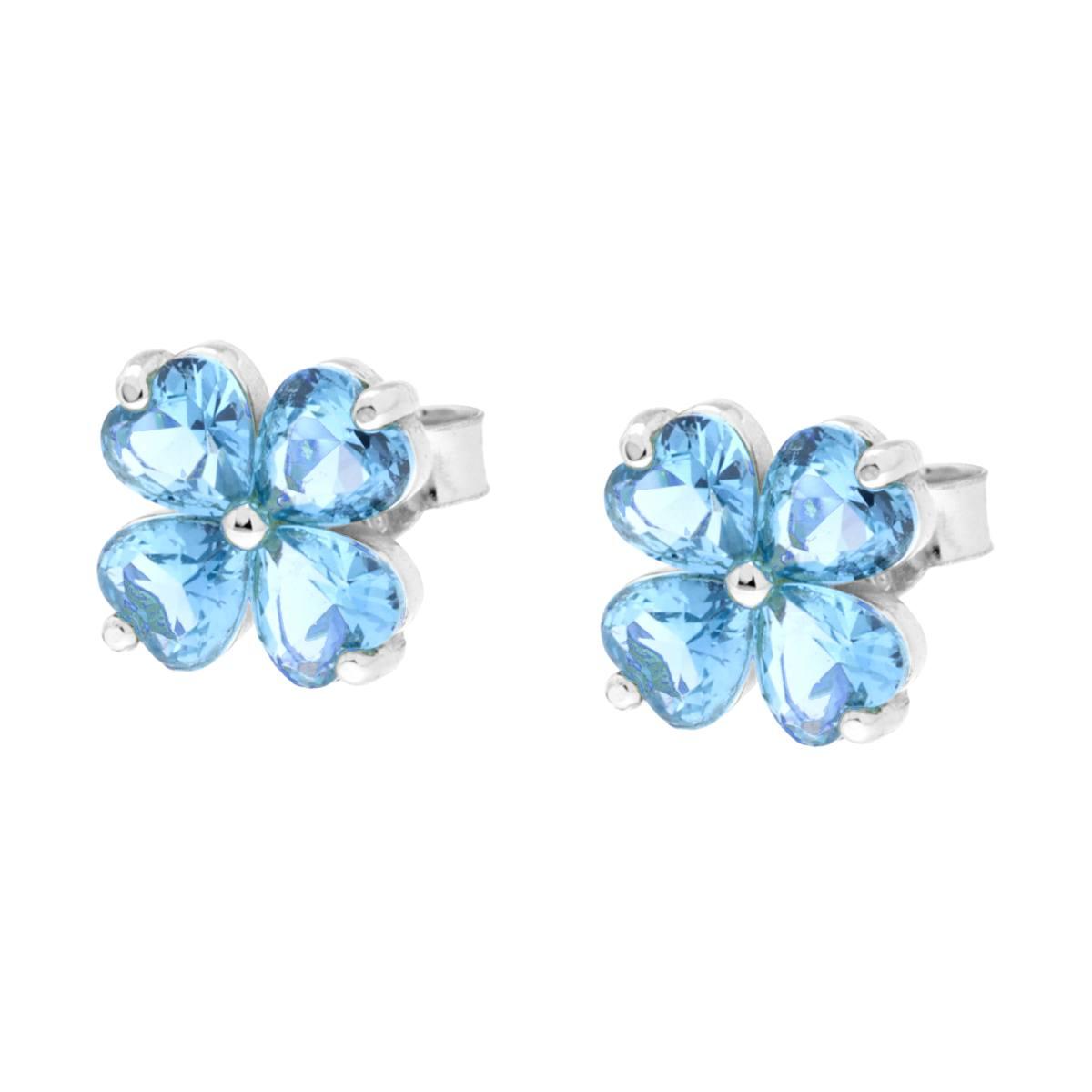 Orecchini Quadrifoglio con Cubic Zirconia Acquamarina in ARGENTO 925 Galvanica Rodio