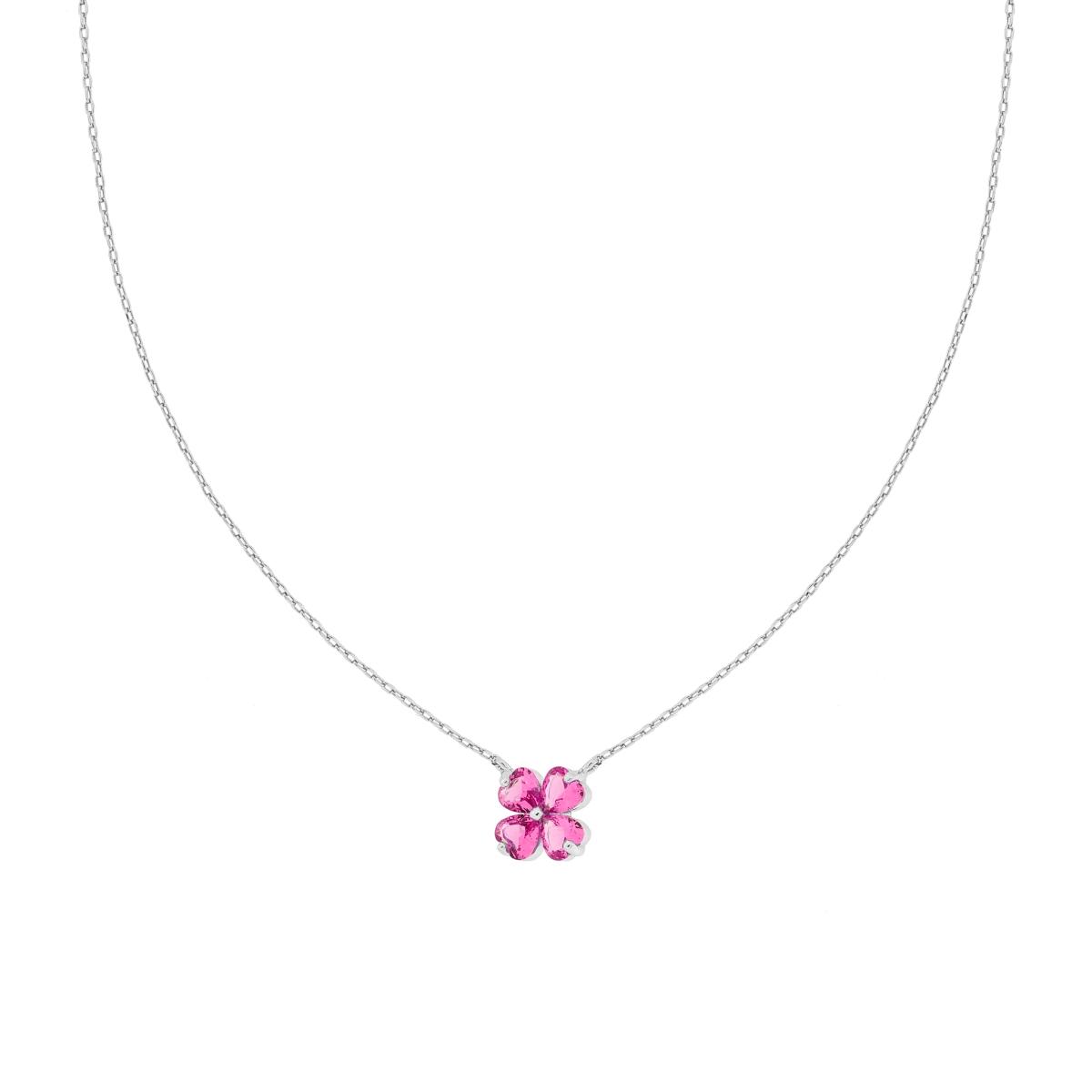 Collana Catena Forzatina Diamantata con Quadrifoglio Cubic Zirconia Rosa in ARGENTO 925 Galvanica Rodio