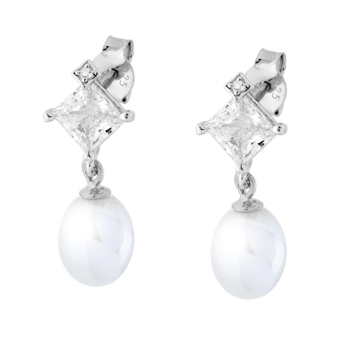 Orecchini Punto Luce Cubic Zirconia Quadrato Bianco con Perla Ovale pendente in ARGENTO 925 Galvanica Rodio