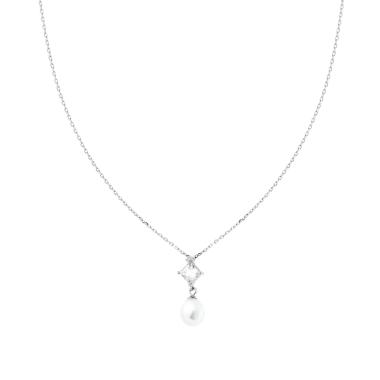 Collana Catena Forzatina Diamantata con Punto Luce Princess Cubic Zirconia Bianco e Perla Ovale pendente in ARGENTO 925 Galvanica Rodio