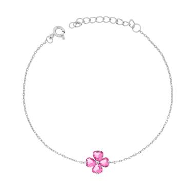 Bracciale Catena Forzatina Diamantata con Quadrifoglio Cubic Zirconia Rosa in ARGENTO 925 Galvanica Rodio