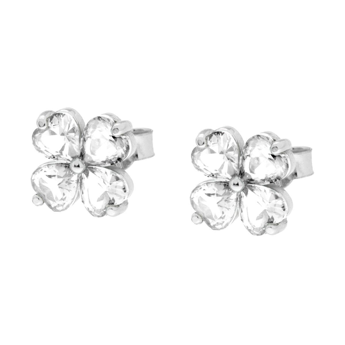 Orecchini Punto Luce Quadrifoglio con Cubic Zirconia Bianchi in ARGENTO 925 Galvanica Rodio