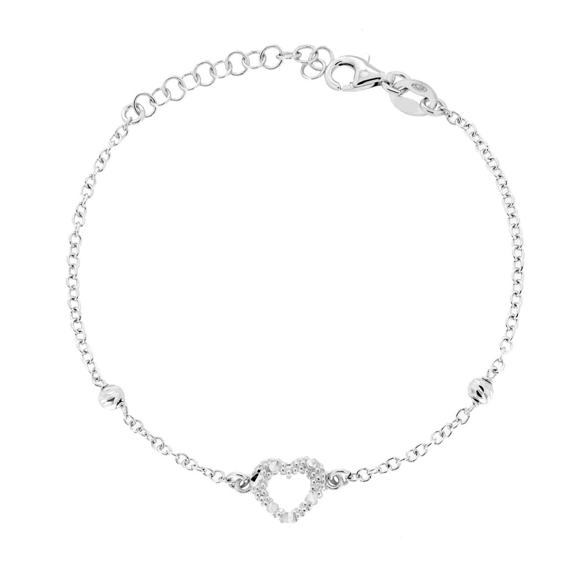 Bracciale Catena Forzatina con Cuore Diamantato e Palline Slash in ARGENTO 925 Galvanica Rodio