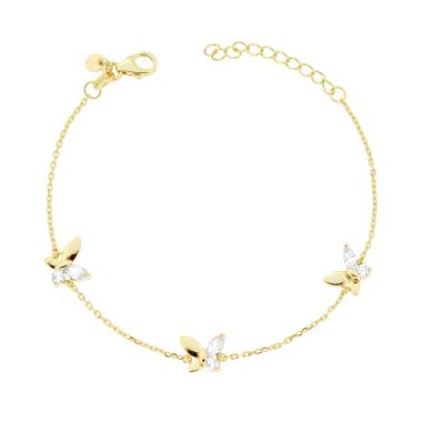 Bracciale Catena Forzatina Diamantata con Farfalle e Cubic Zirconia Bianchi in ARGENTO 925 Galvanica Oro