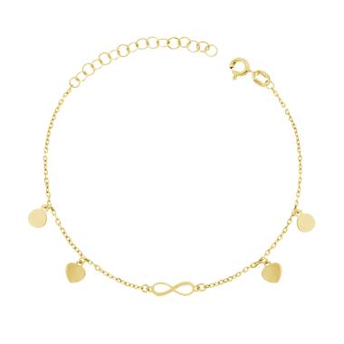 Bracciale Catena Forzatina con Cuori Tondi e Infinito Plain in ARGENTO 925 Galvanica Oro