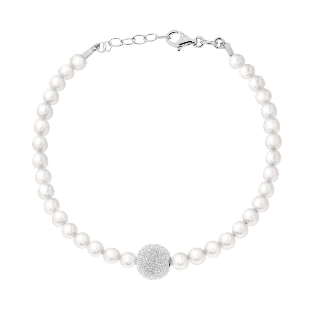 Bracciale Perle Bianche con Pallina Diamantata in ARGENTO 925 Galvanica Rodio