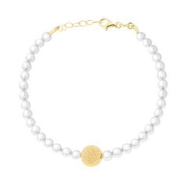 Bracciale Perle Bianche con Pallina Diamantata in ARGENTO 925 Galvanica Oro