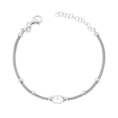 Bracciale Catena Calza con Ovale Cubic Zirconia Bianco e Palline in ARGENTO 925 Galvanica Rodio