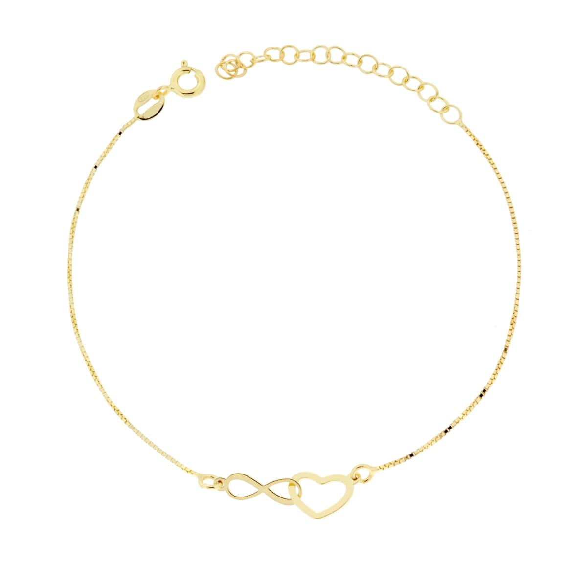Bracciale Catena Veneziana Diamantata con Cuore e Infinito incrociati in ARGENTO 925 Galvanica Oro