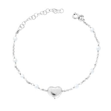 Bracciale Catena Forzatina con Cuore Bombato Spazzolato e Perle in ARGENTO 925 Galvanica Rodio
