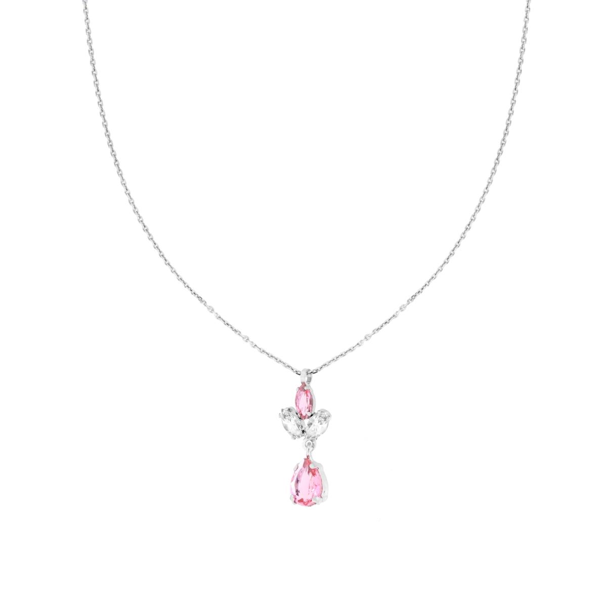 Collana Catena Forzatina Diamantata con Punto Luce pendente Marquise e Goccia Cubic Zirconia Bianco e Rosa in ARGENTO 925 Galvanica Rodio