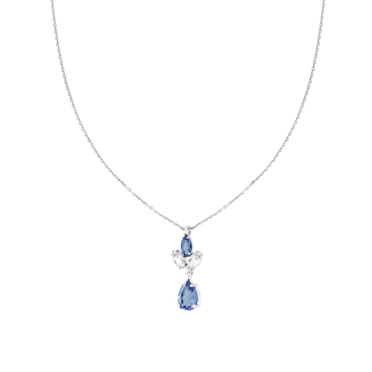 Collana Catena Forzatina Diamantata con Punto Luce pendente Marquise e Goccia Cubic Zirconia Bianco e Blu Zaffiro in ARGENTO 925 Galvanica Rodio