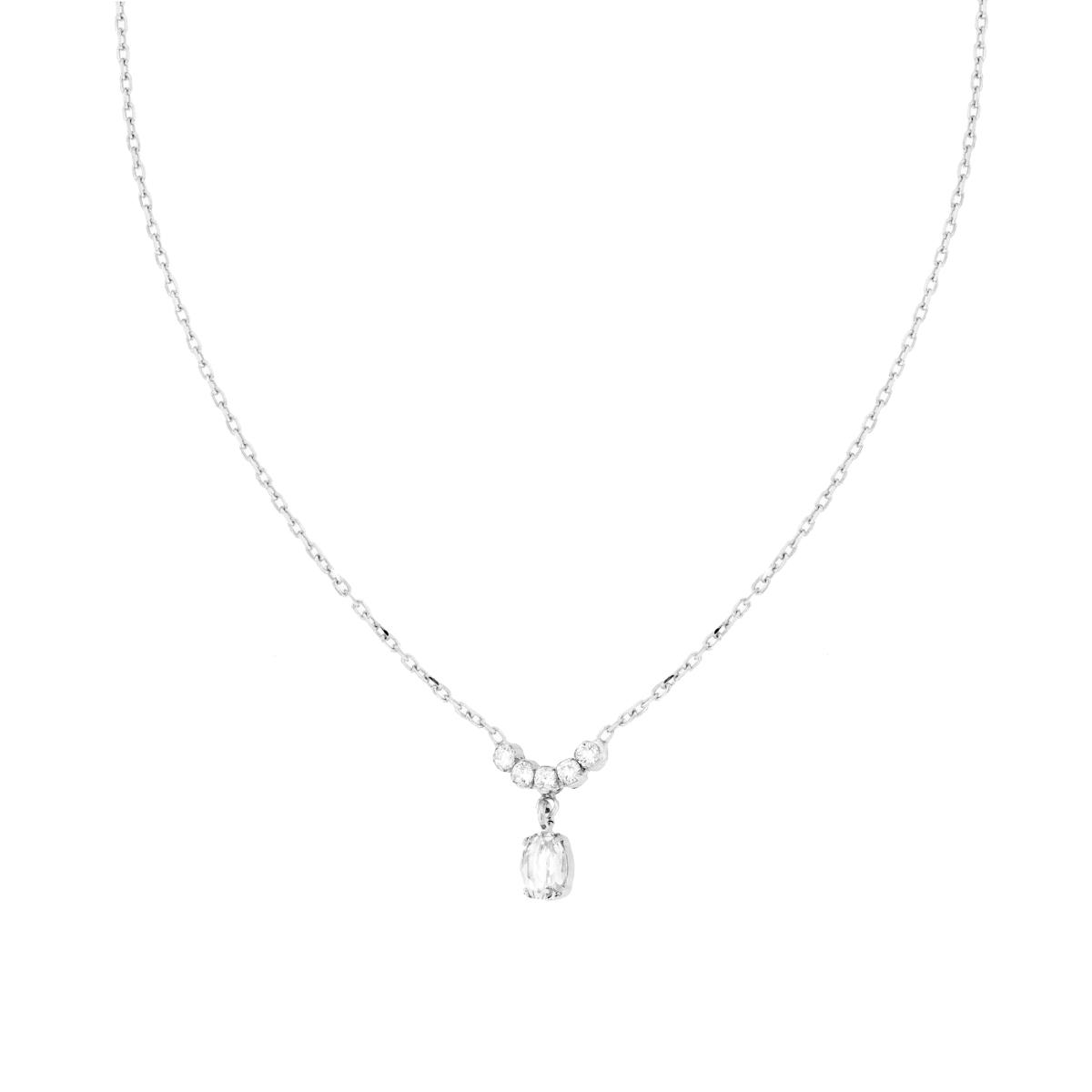Collana Catena Forzatina Diamantata con Diadema e Pendente Punto Luce Ovale Bianco in ARGENTO 925 Galvanica Rodio