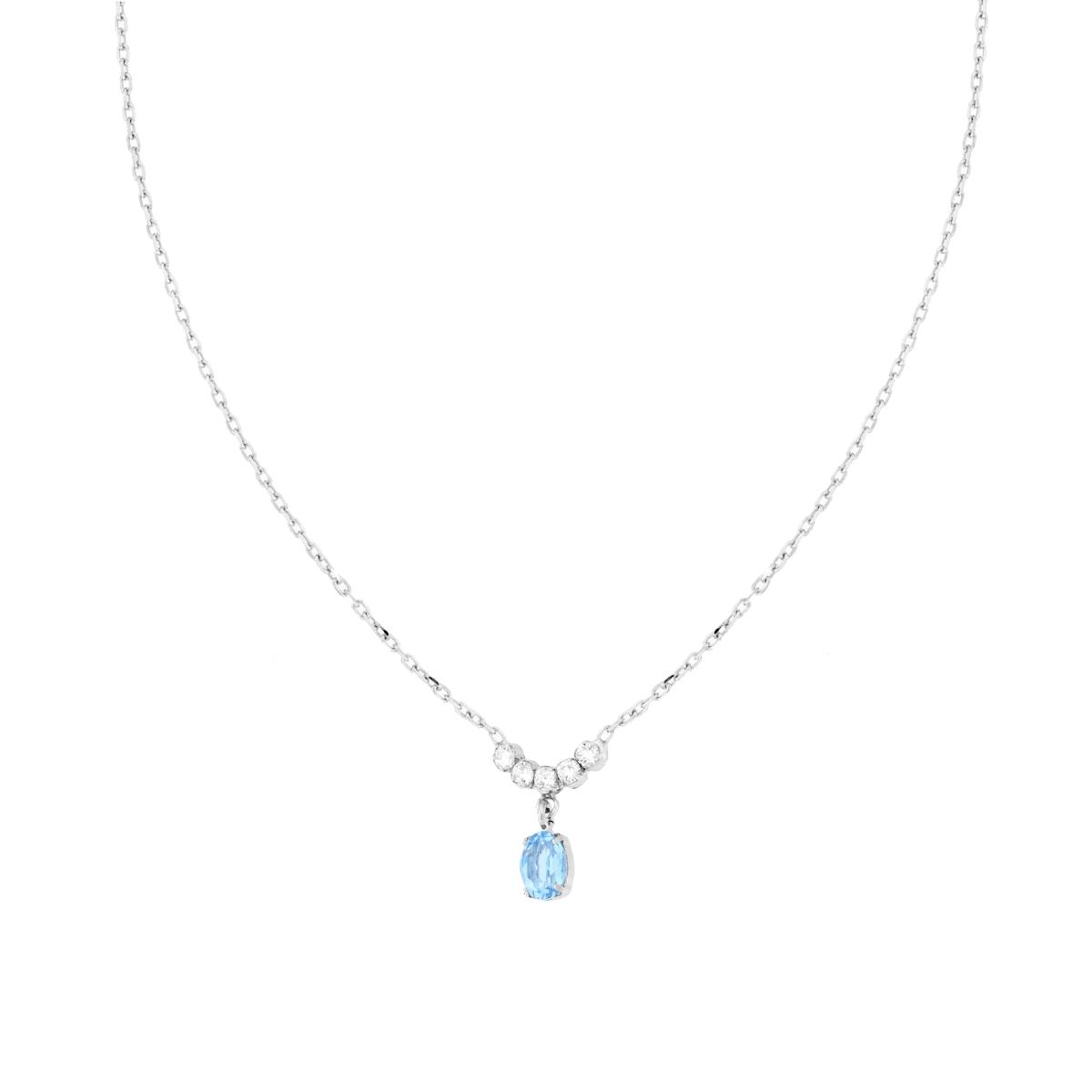 Collana Catena Forzatina Diamantata con Diadema Bianco e Pendente Ovale Acquamarina in ARGENTO 925 Galvanica Rodio