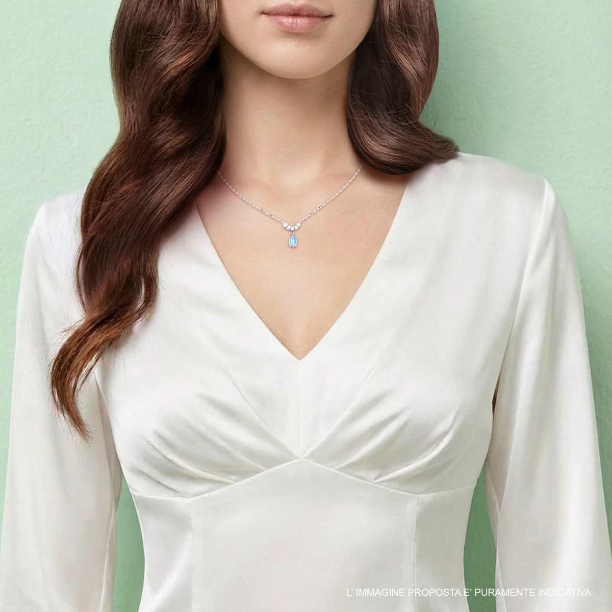 Collana Catena Forzatina Diamantata con Diadema Bianco e Pendente Ovale Acquamarina in ARGENTO 925 Galvanica Rodio