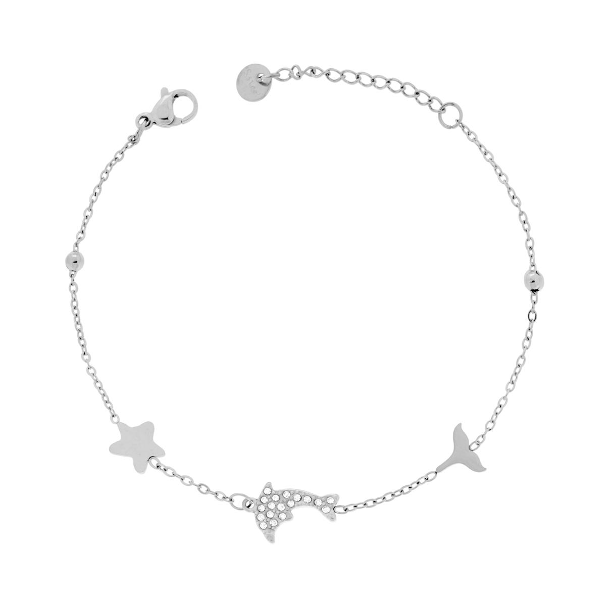 Bracciale Catena Forzatina Diamantata con Delfino e Crystal Bianco in ACCIAIO