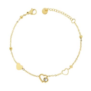 Bracciale Catena Forzatina Diamantata con Cuori e Crystal Bianco in ACCIAIO colore Oro