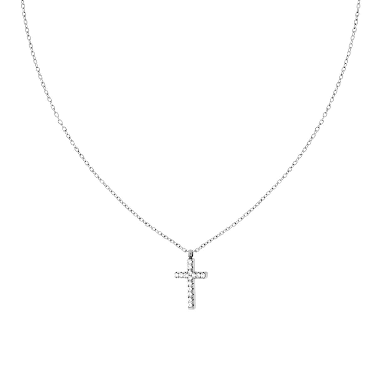 Collana Catena Forzatina Diamantata con Croce e Crystal Bianchi in ACCIAIO