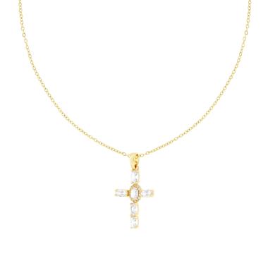 Collana Catena Forzatina Diamantata con Croce e Crystal Bianchi Ovali in ACCIAIO colore Oro