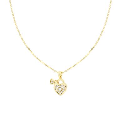 Collana Catena Forzatina Diamantata con Cuore Lucchetto e Crystal Bianchi in ACCIAIO colore Oro