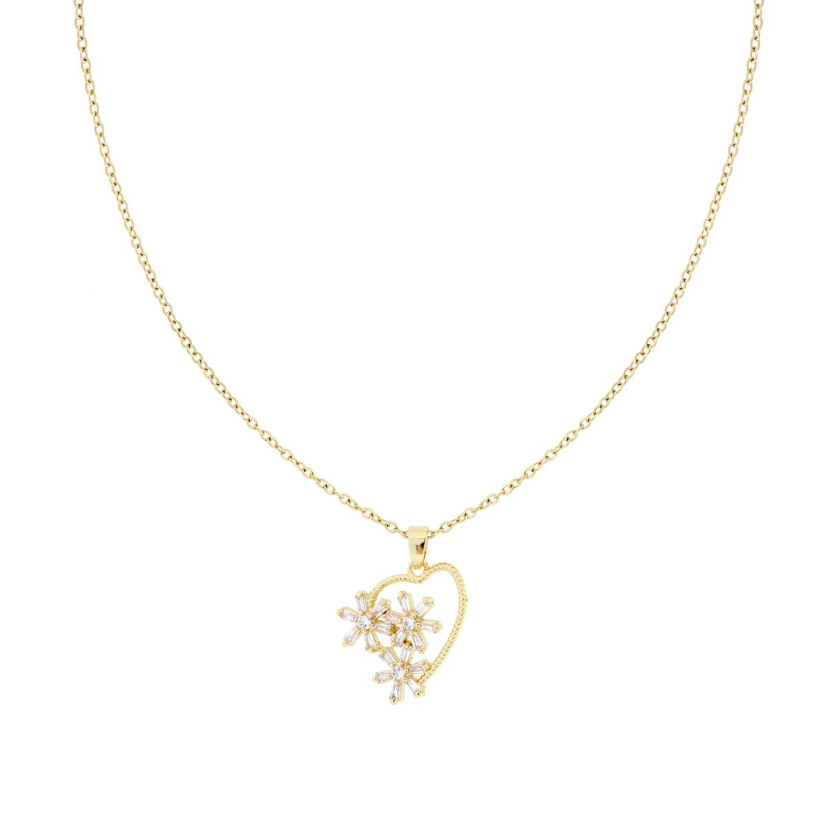Collana Catena Forzatina Diamantata con Cuore e Fiori con Crystal Bianchi in ACCIAIO colore Oro