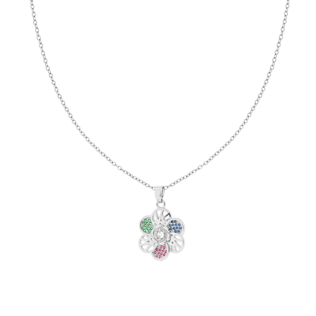Collana Catena Forzatina Diamantata con Fiore e Crystal Multicolor in ACCIAIO