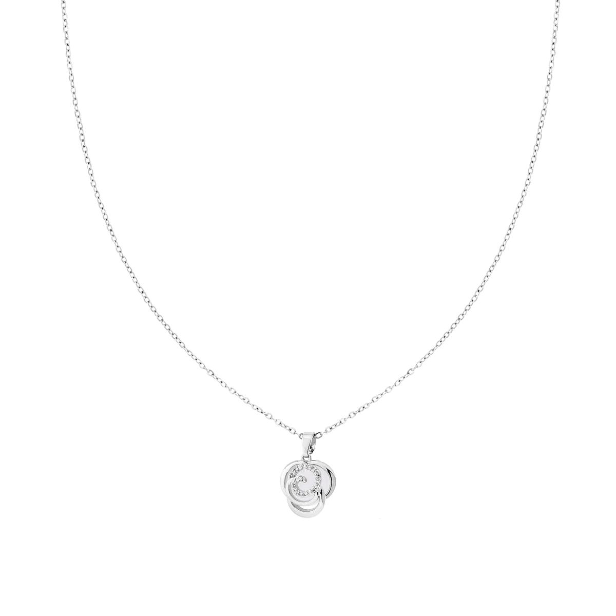 Collana Catena Forzatina Diamantata e Bocciolo di Rosa con Crystal Bianchi e Quarzo Bianco in ACCIAIO