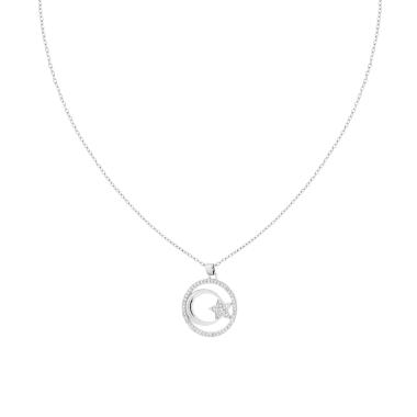 Collana Catena Forzatina Diamantata con Cerchio Luna e Stella Crystal Bianchi in ACCIAIO