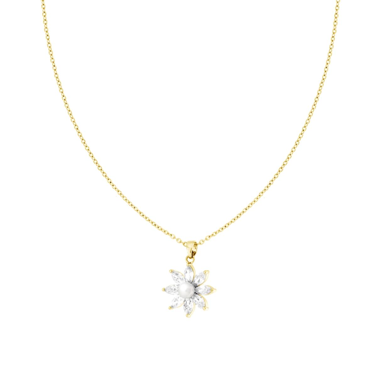 Collana Catena Forzatina Diamantata con Fiore Crystal Bianchi e Perla in ACCIAIO colore Oro