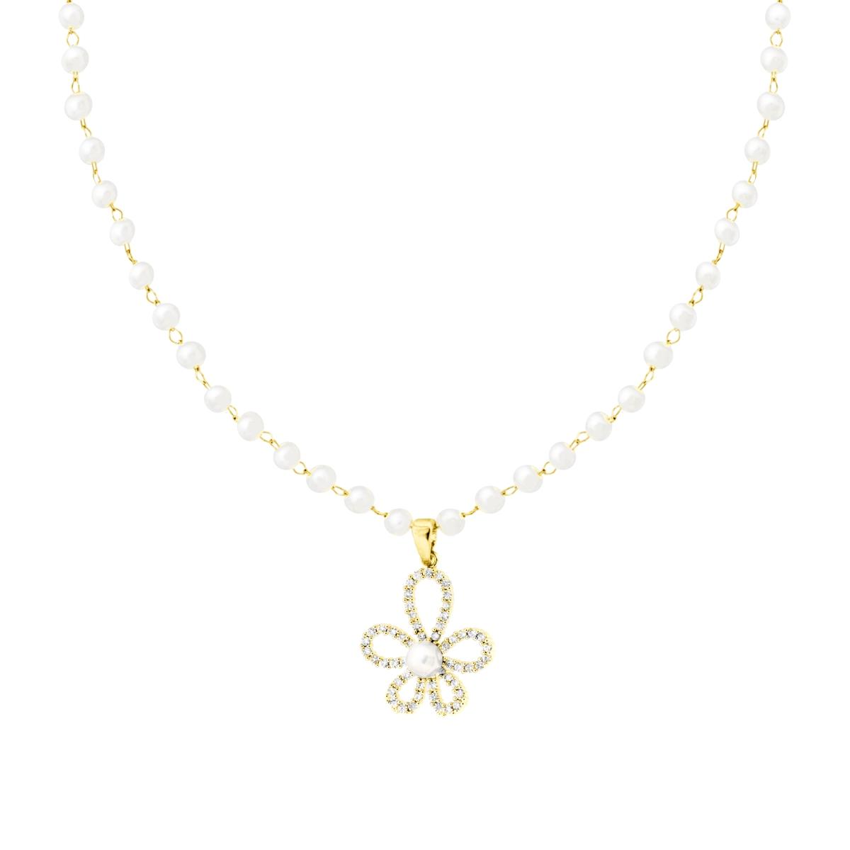 Collana Catena con Perle e Fiore Crystal Bianchi in ACCIAIO colore Oro