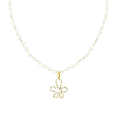 Collana Catena con Perle e Fiore Crystal Bianchi in ACCIAIO colore Oro
