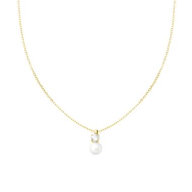 Collana Catena Forzatina Diamantata con Perla e Punto Luce Crystal Bianco in ACCIAIO colore Oro