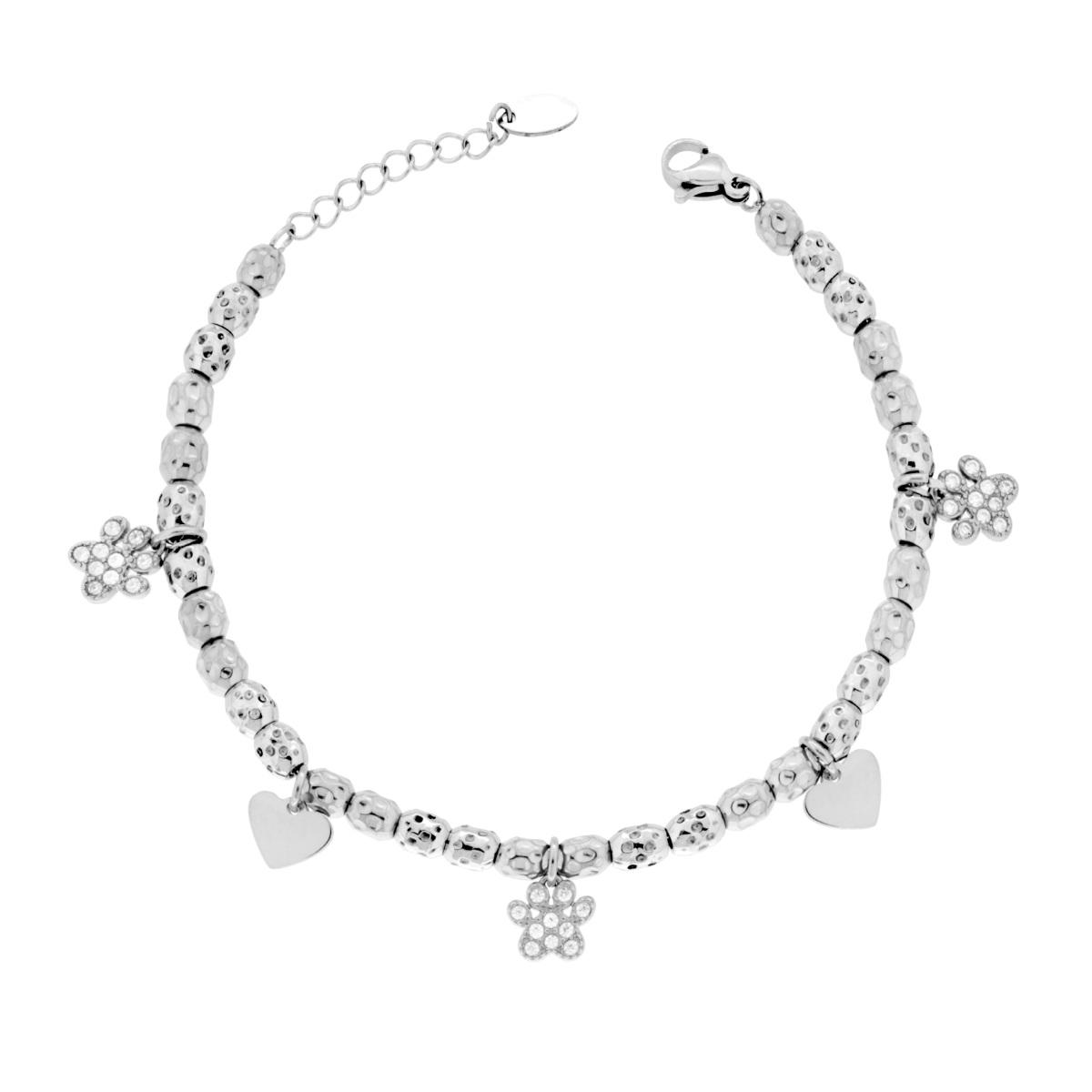Bracciale Catena con Ovali effetto martellato con Impronta Zampa Cuori e Crystal Bianchi in ACCIAIO