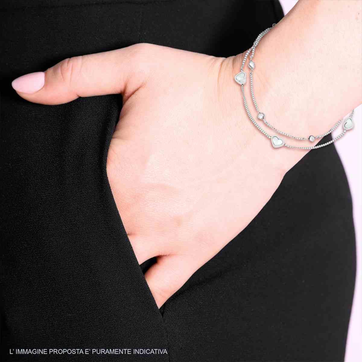 Bracciale due fili Catena Grumetta con Cuori Madreperla e Crystal Bianchi in ACCIAIO