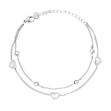 Bracciale due fili Catena Grumetta con Cuori Madreperla e Crystal Bianchi in ACCIAIO