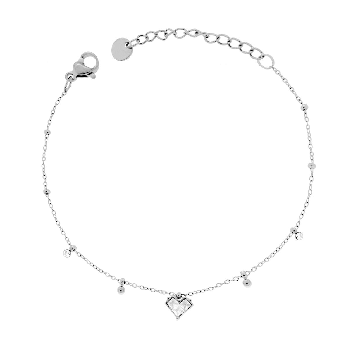 Bracciale Catena Forzatina Diamantata con Palline e Cuore con Crystal Bianchi in ACCIAIO