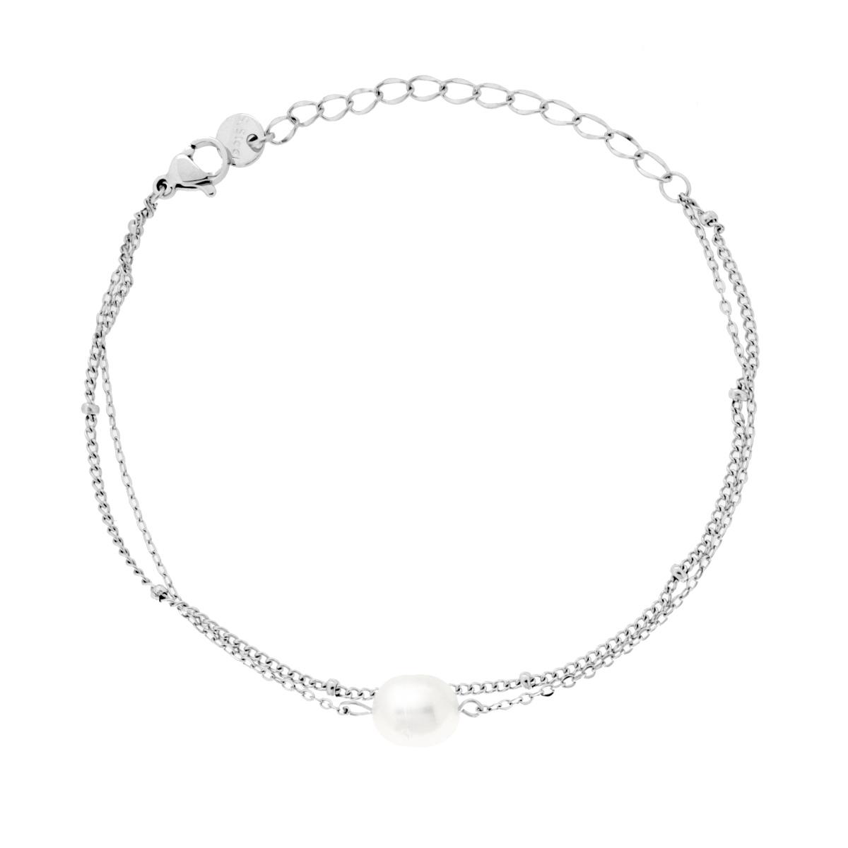 Bracciale due fili Catena Forzatina Diamantata e Grumetta con Perla Ovale in ACCIAIO