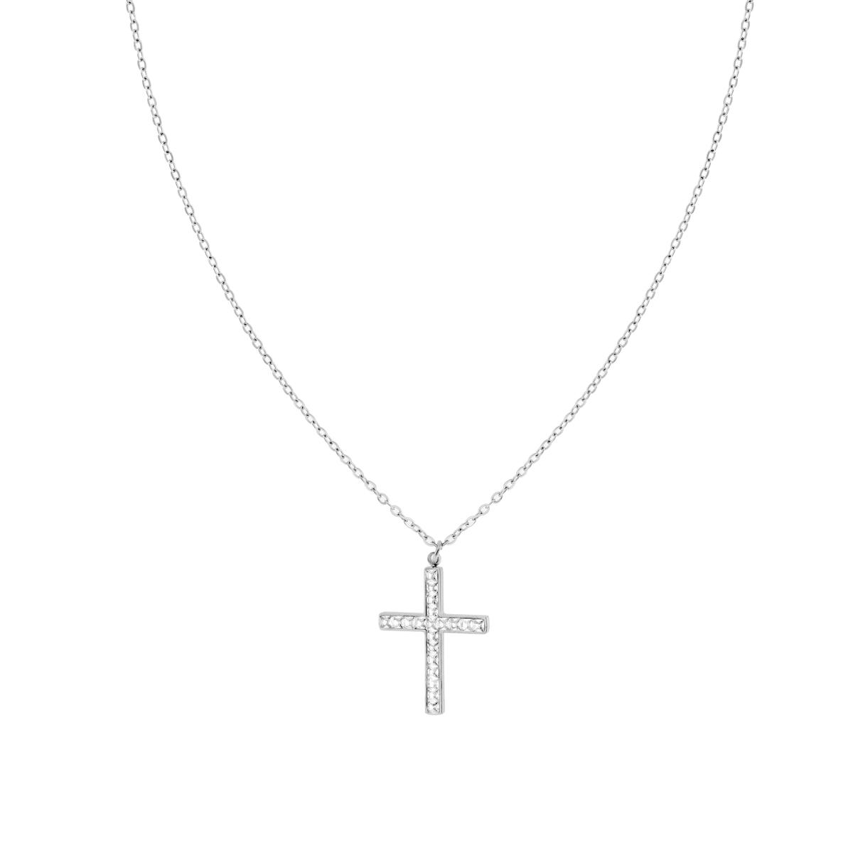 Collana Catena Forzatina Diamantata con Croce e Crystal Carre Bianchi in ACCIAIO