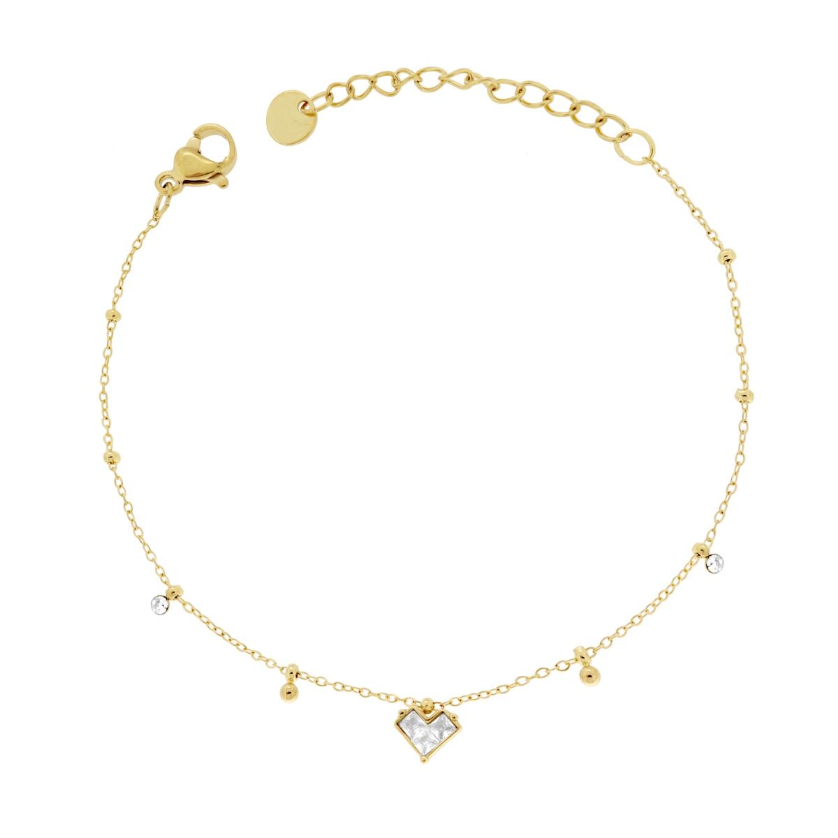 Bracciale Catena Forzatina Diamantata con Palline e Cuore con Crystal Bianchi in ACCIAIO colore Oro