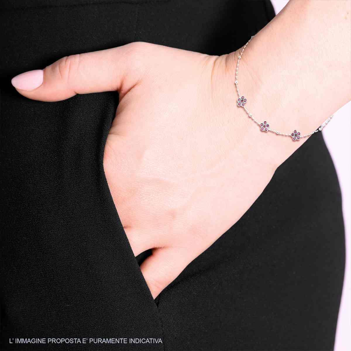 Bracciale Catena Forzatina Diamantata con Fiori e Crystal Rosa in ACCIAIO