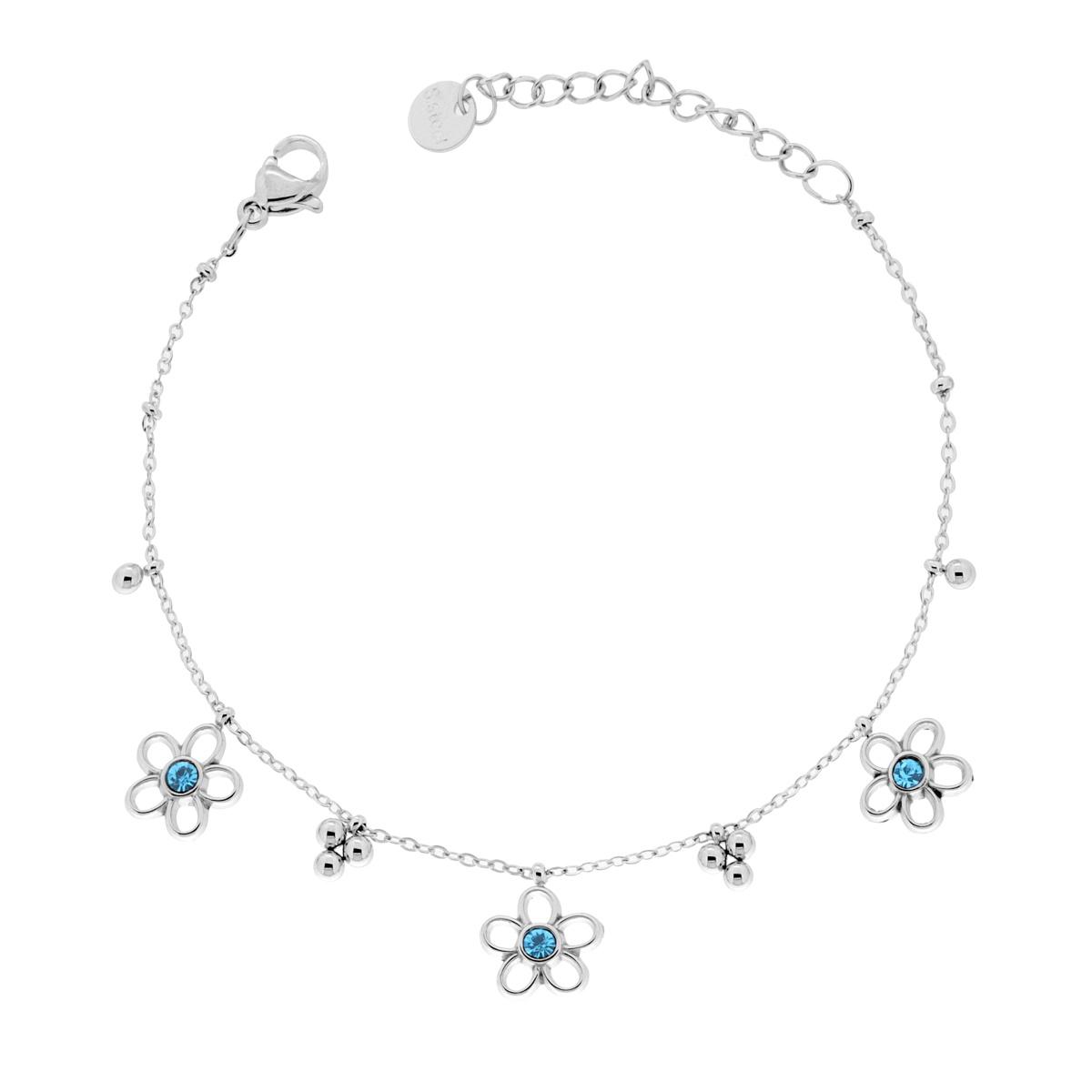 Bracciale Catena Forzatina Diamantata con Fiori e Crystal Azzurro in ACCIAIO