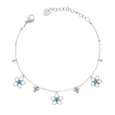 Bracciale Catena Forzatina Diamantata con Fiori e Crystal Azzurro in ACCIAIO