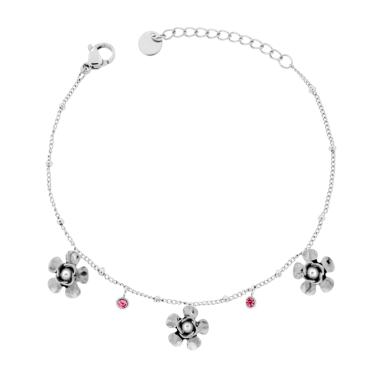 Bracciale Catena Grumetta con Fiori con Perle e Crystal Rosa in ACCIAIO