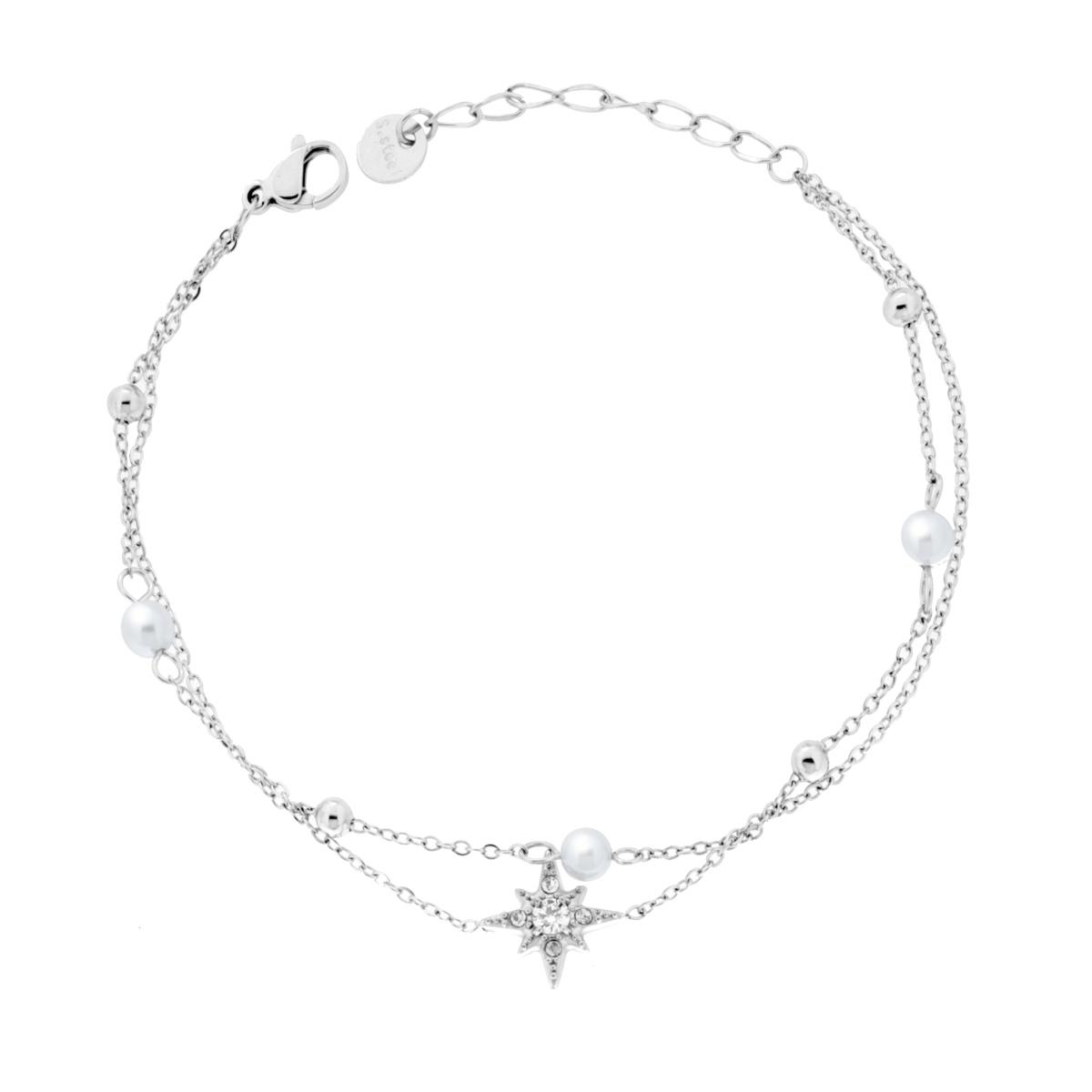 Bracciale due fili Catena Forzatina Diamantata con Rosa dei Venti Crystal Bianco e Perle in ACCIAIO