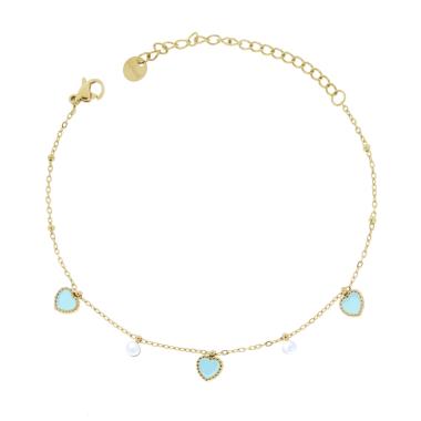 Bracciale Catena Forzatina Diamantata con Cuori Smalto Azzurro e Perle in ACCIAIO colore Oro