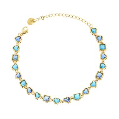 Bracciale Cuori e Quadrati alternatiCrystal Acquamarina e Turchese in ACCIAIO colore Oro