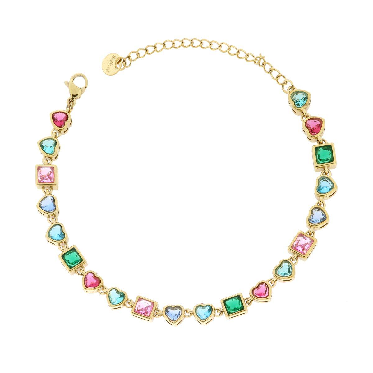 Bracciale Cuori e Quadrati alternati Crystal Multicolor in ACCIAIO colore Oro