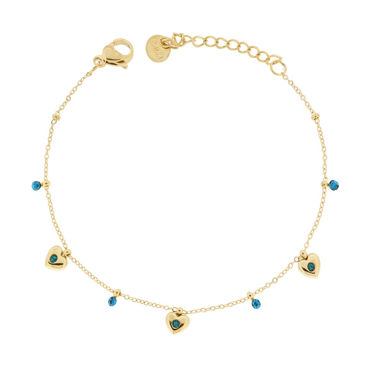 Bracciale Catena Forzatina Diamantata con Cuori e Crystal Azzurro in ACCIAIO colore Oro